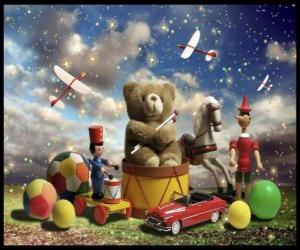 yapboz A Teddy, topları ve Noel diğer kıymetli hediyeler tambur üzerinde oturan ayı